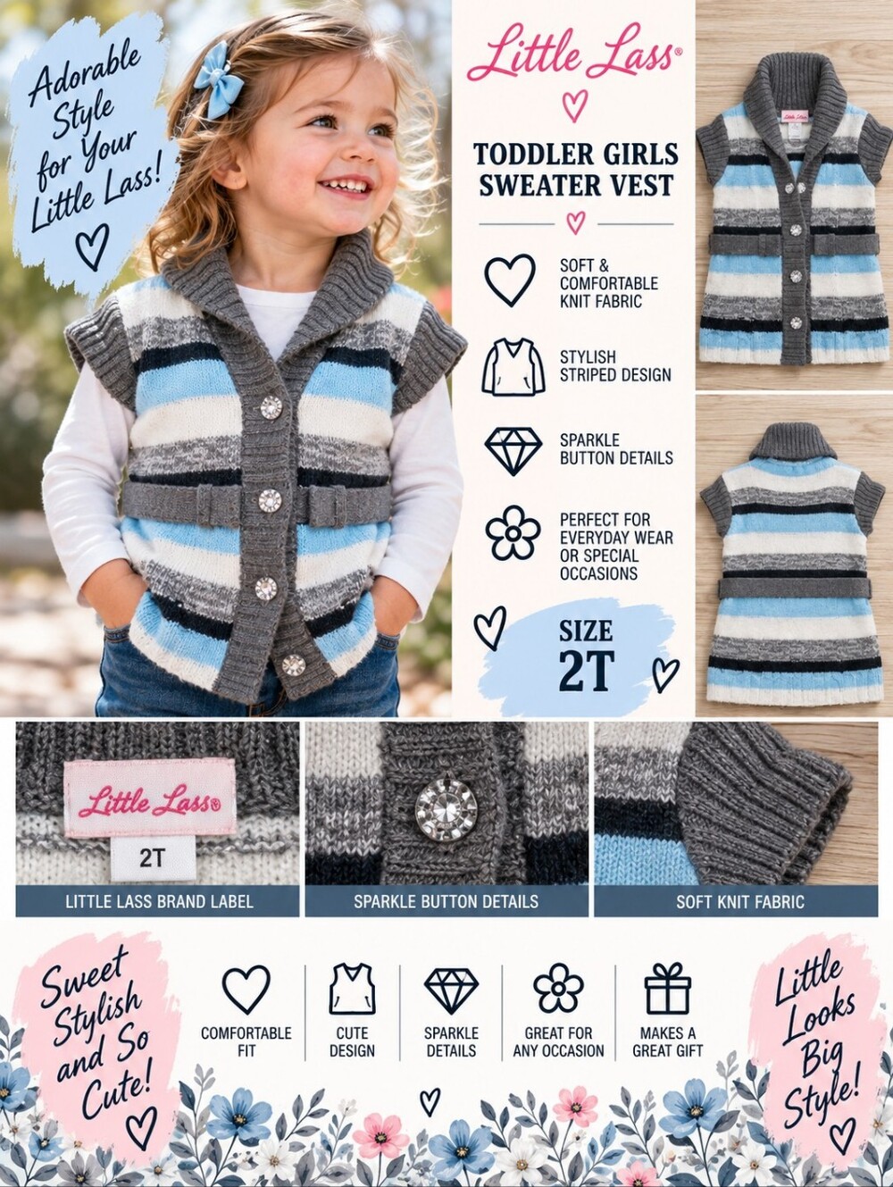 Little lass girls 2T grey blue striped sweater vest #35